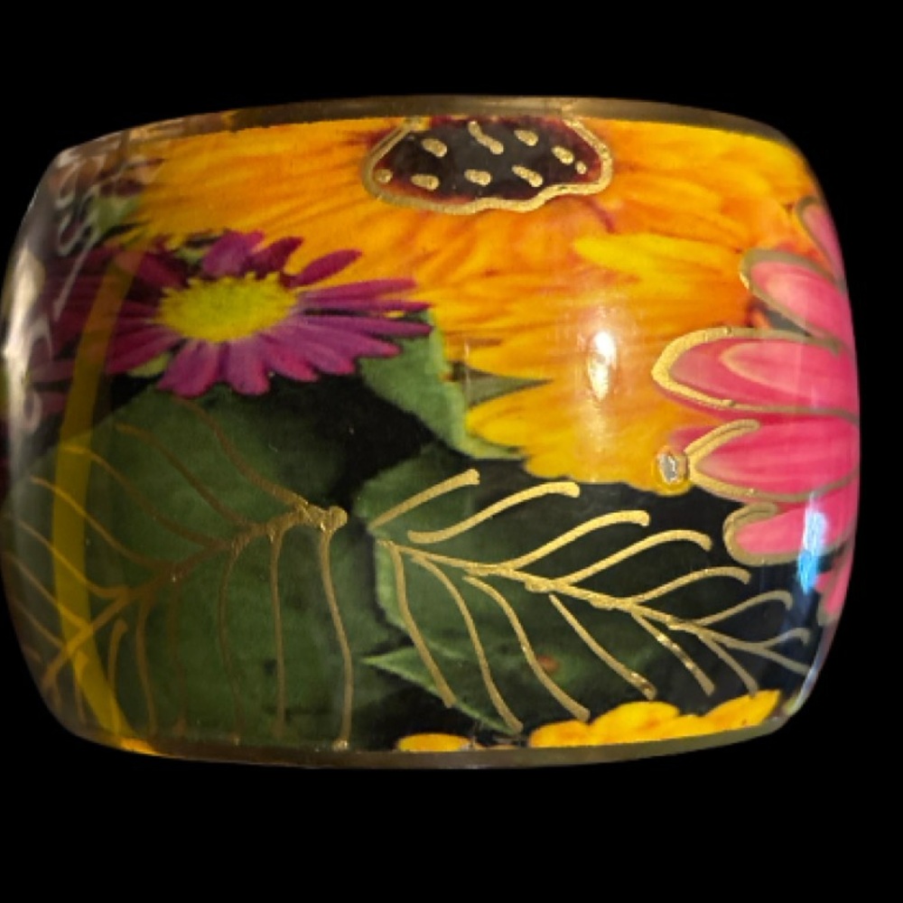 Vintage Enamel on Brass Floral Wide Cuff Bracelet